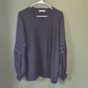 Siani Milano Black Balloon Sleeve Sweater Crochet Lace Swiss Dot Crew Neck L